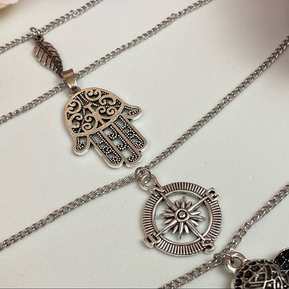 Boho Silver Leaf Hamsa Compass Elephant Necklace - Picture 11 of 15